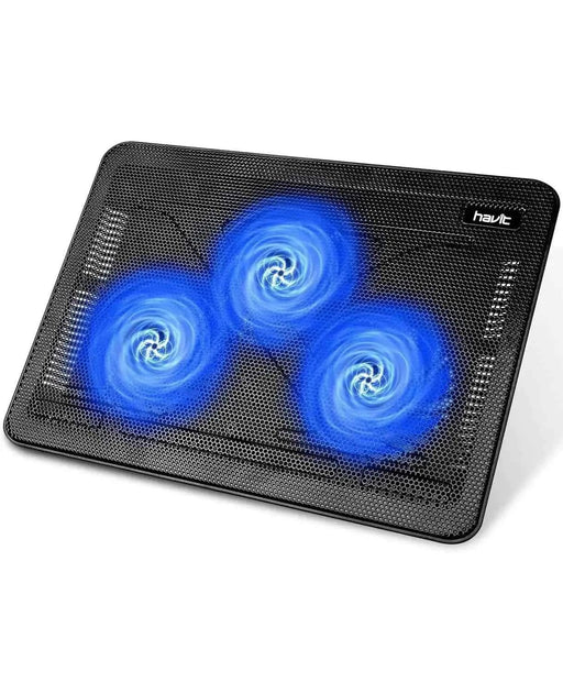 havit HV - F2056 15.6" - 17" Laptop Cooler Cooling Pad - Slim Portable USB Powered (3 Fans) Black/Blue - Gadgetmanic