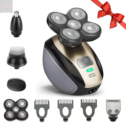 Hugdew Head Shavers for Bald Men 5 in 1 Electric Razor with Rechargeable Battery Hair Clipper Nose Hair Trimmer Cleaning Brush Hair Manager Portable Travel Razor Idea Gift for Men(Gold) - Gadgetmanic