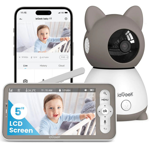 ieGeek Baby Monitor with 2K Camera and Audio - Video Monitor with 5" Screen - Night Vision Two-Way Talk Cry & Motion Detection Temper& Humidity Sensor PTZ Remote Control via Screen and Free APP - Gadgetmanic