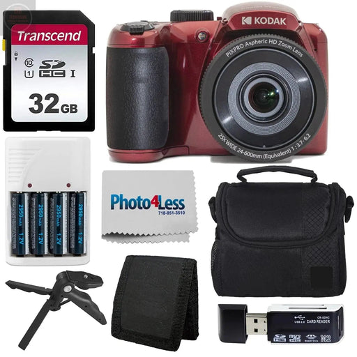 Kodak PIXPRO AZ255 Digital Camera (Red) Point & Shoot Camera Case 32GB SD Memory Card Rechargeable Batteries & Charger USB Card Reader Table Tripod Accessories - Gadgetmanic