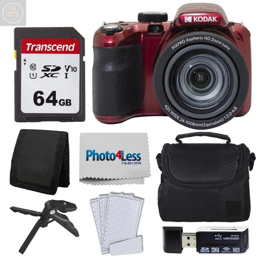 Kodak PIXPRO AZ425 Digital Camera + 64GB Memory Card + Camera Case (Black) + USB Card Reader + Table Tripod + Accessories (Red) - Gadgetmanic