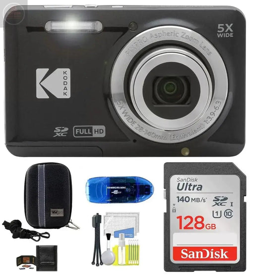 Kodak Pixpro FZ55 Digital Camera (Black) Bundle Includes: SanDisk 128GB Memory Card Hard Shell Camera Case SD Card Reader and More (6 Items) - Gadgetmanic