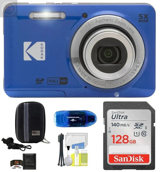 KODAK Pixpro FZ55 Digital Camera Bundle Includes: SanDisk 128GB Memory Card Hard Shell Camera Case SD Card Reader and More (6 Items) (Blue) - Gadgetmanic