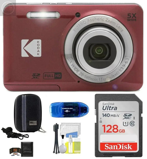 KODAK Pixpro FZ55 Digital Camera Bundle Includes: SanDisk 128GB Memory Card Hard Shell Camera Case SD Card Reader and More (6 Items) (Red) - Gadgetmanic