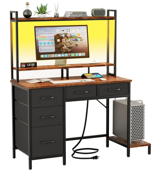 Computer Desk with Hutch Gaming Desk with Power Outlets & LED Ligthts & 5 Fabric Drawers Home Office Desk with 2 Tiers Storage Shelves for Display 39" PC Gamer Table for Bedroom Rustic Brown - Gadgetmanic.com