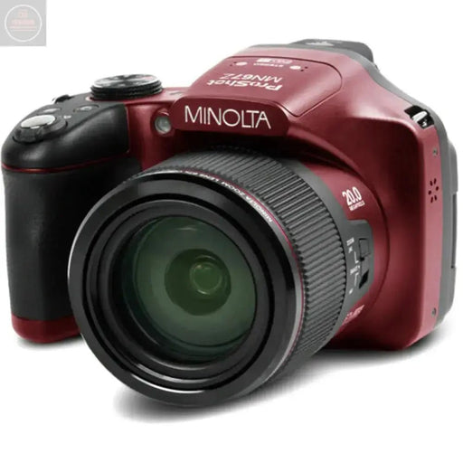 Minolta Pro Shot 20 Mega Pixel HD Digital Camera with 67x Optical Zoom Full 1080p HD Video & 16GB SD Card (Red) - Gadgetmanic