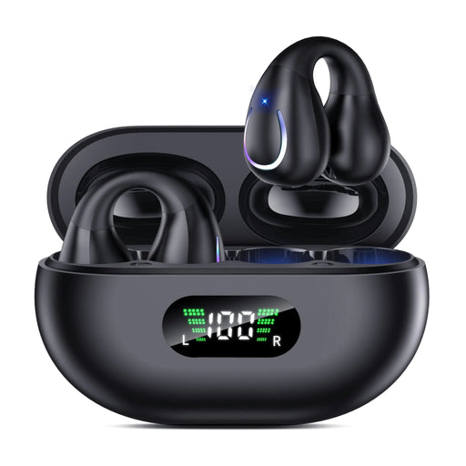 Open Ear Clip Wireless Earbuds Bluetooth 5.3 Sports Earphones Built-in Microphone with Earhooks & Ear Hook Wireless Charging Case & Display Waterproof Fitness Headphones for Running - Gadgetmanic