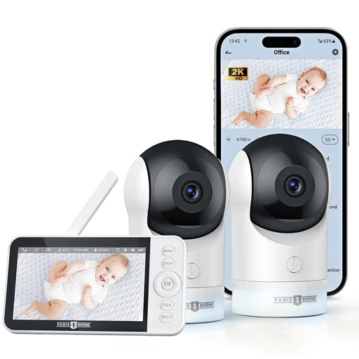 PARIS RHÔNE Split-Screen Baby Monitor 5” Smart Video Baby Monitor with App Control Two 2K UHD WiFi Cameras Night Vision Motion & Cry Detection AI Tracking RGB Night Light Lullabies Blue - Gadgetmanic