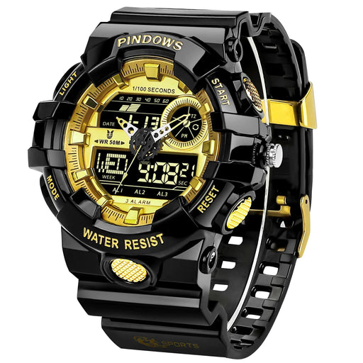 PINIDOUS Mens Watch for Men Digital Sport Watch Transparent Gold Watches Waterproof Watches with 3 Alarms/Countdown/Stopwatch/Digital-Analog/Dual Time/Light/Military Multifunctional Wrist Watch - Gadgetmanic