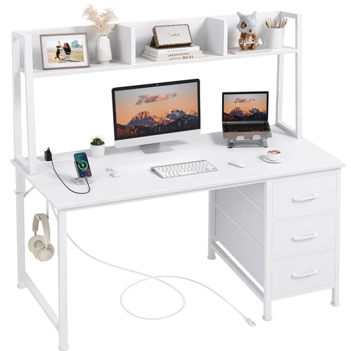 White Computer Desk with Hutch & Drawers - Office Desk with 3 Storage Drawers and Power Outlets 47 Inch Modern Study Writing Desk for Bedroom Home Office - Gadgetmanic.com