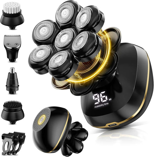 SHPAVVER Head Shavers Upgrade 6-in-1 Electric Head Shavers for Bald Men Wet/Dry LED Display Rechargeable 7D Rotary Shaver Grooming Kit with Type-C Charge Black - Gadgetmanic