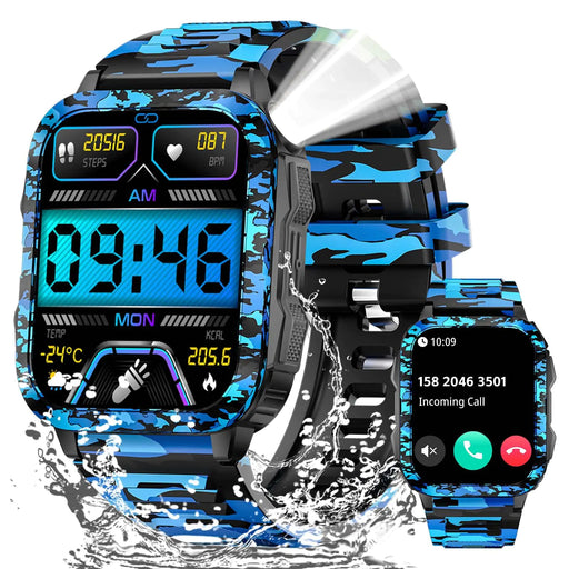 Digital smartwatch with blue camouflage design, water resistance feature, and multiple display screens.