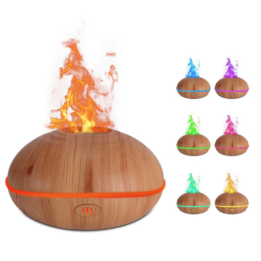 Volcano Humidifier Flame Diffuser: 200ml Aroma Essential Oils Diffusers with Waterless Auto Shut-Off Protection Upgraded 7 Flame Colors Ultrasonic Humidifier for Bedroom (Wooden Grain) - Gadgetmanic