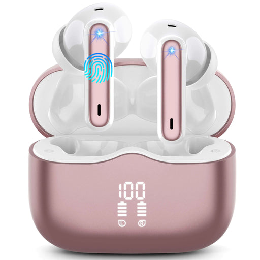 Wireless Earbuds Bluetooth 5.3 Headphones in Ear with HiFi Stereo Deep Bass 4 ENC Noise Cancelling Mic Wireless Earphones 40H Playtime Bluetooth Earbuds Dual LED Display IP7 Waterproof Rose Gold - Gadgetmanic